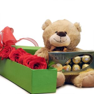 Caja Rosas Rojas X 6, Oso De 20cm